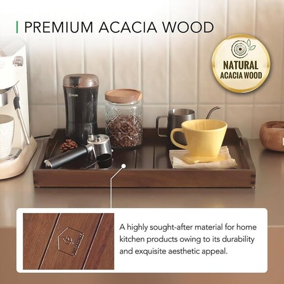 New Large Wooden Serving Tray with Handles 20x14" Decorative Coffee Ottoman Tray - Picture 3 of 7